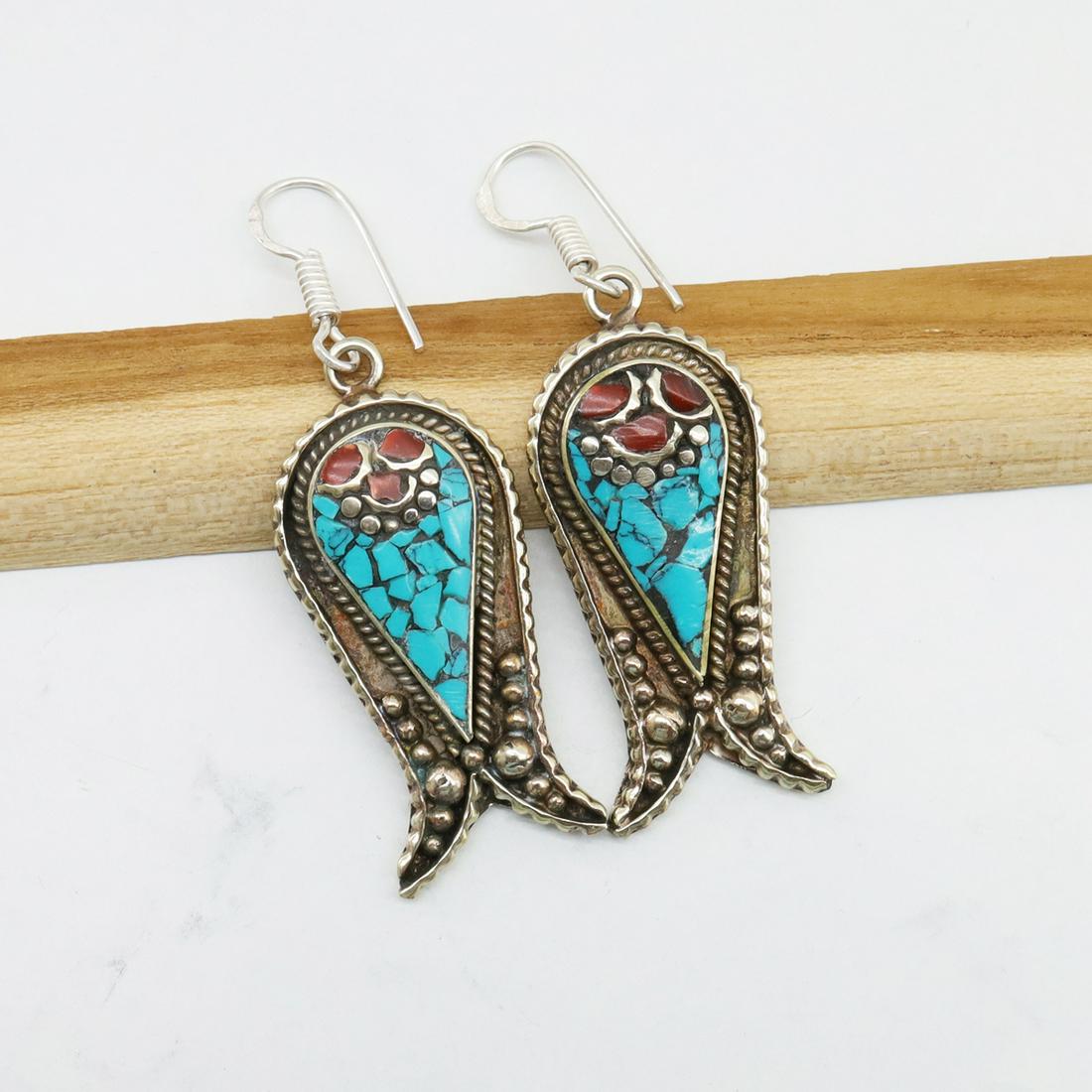 Tibetan Turquoise & Coral Handmade Choker Earrings: Tibet Natural Stone Hand Made Turquoise, Coral & Lapis Earring......This elegant Earring was handcrafted in Tibet, the home of exquisite jewelry craftsmanship. It was skillfully made with large natura