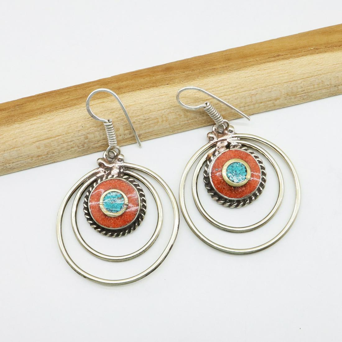 Natural Coral Handmade Choker Round Earrings: Tibet Natural Stone Hand Made Turquoise, Coral & Lapis Earring......This elegant Earring was handcrafted in Tibet, the home of exquisite jewelry craftsmanship. It was skillfully made with large natura
