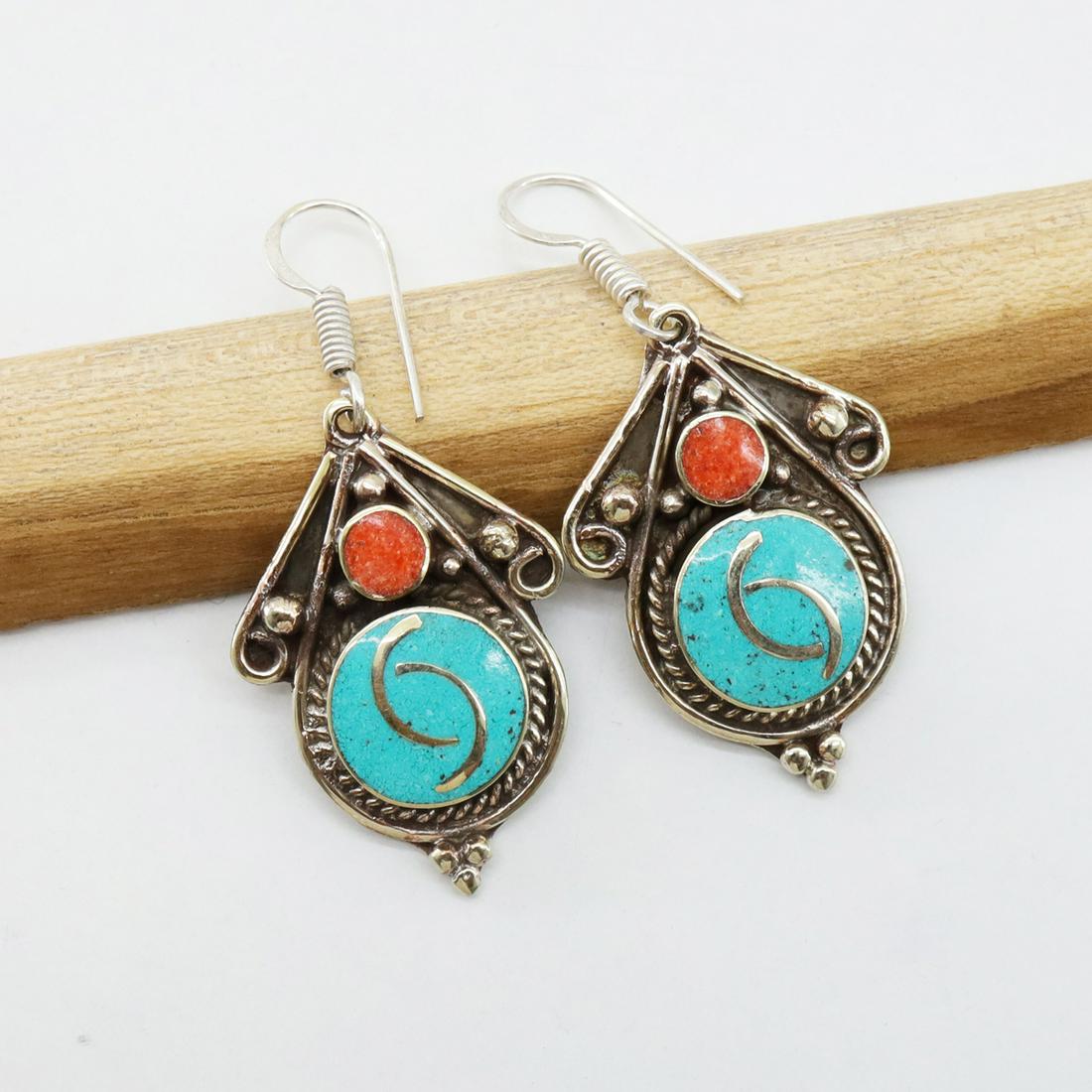 Natural Turquoise Handmade Choker Earrings: Tibet Natural Stone Hand Made Turquoise, Coral & Lapis Earring......This elegant Earring was handcrafted in Tibet, the home of exquisite jewelry craftsmanship. It was skillfully made with large natura