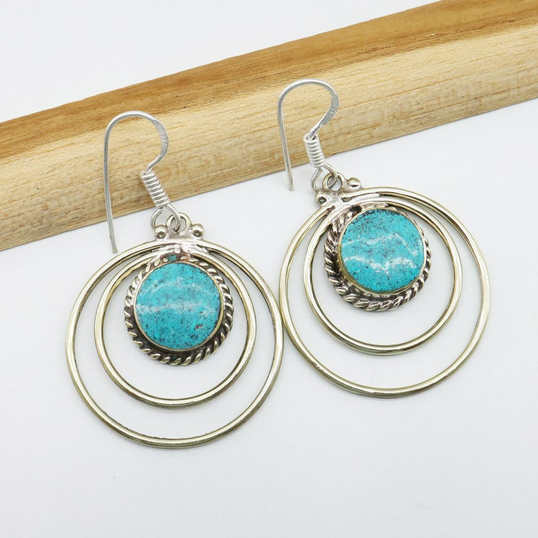 Natural Turquoise Handmade Choker Round Earrings: Tibet Natural Stone Hand Made Turquoise, Coral & Lapis Earring......This elegant Earring was handcrafted in Tibet, the home of exquisite jewelry craftsmanship. It was skillfully made with large natura