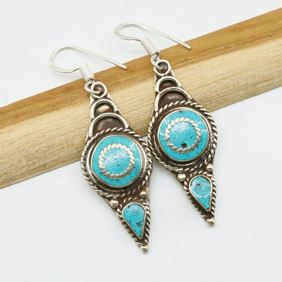 Natural Turquoise Handmade Choker Earrings: Tibet Natural Stone Hand Made Turquoise, Coral & Lapis Earring......This elegant Earring was handcrafted in Tibet, the home of exquisite jewelry craftsmanship. It was skillfully made with large natura