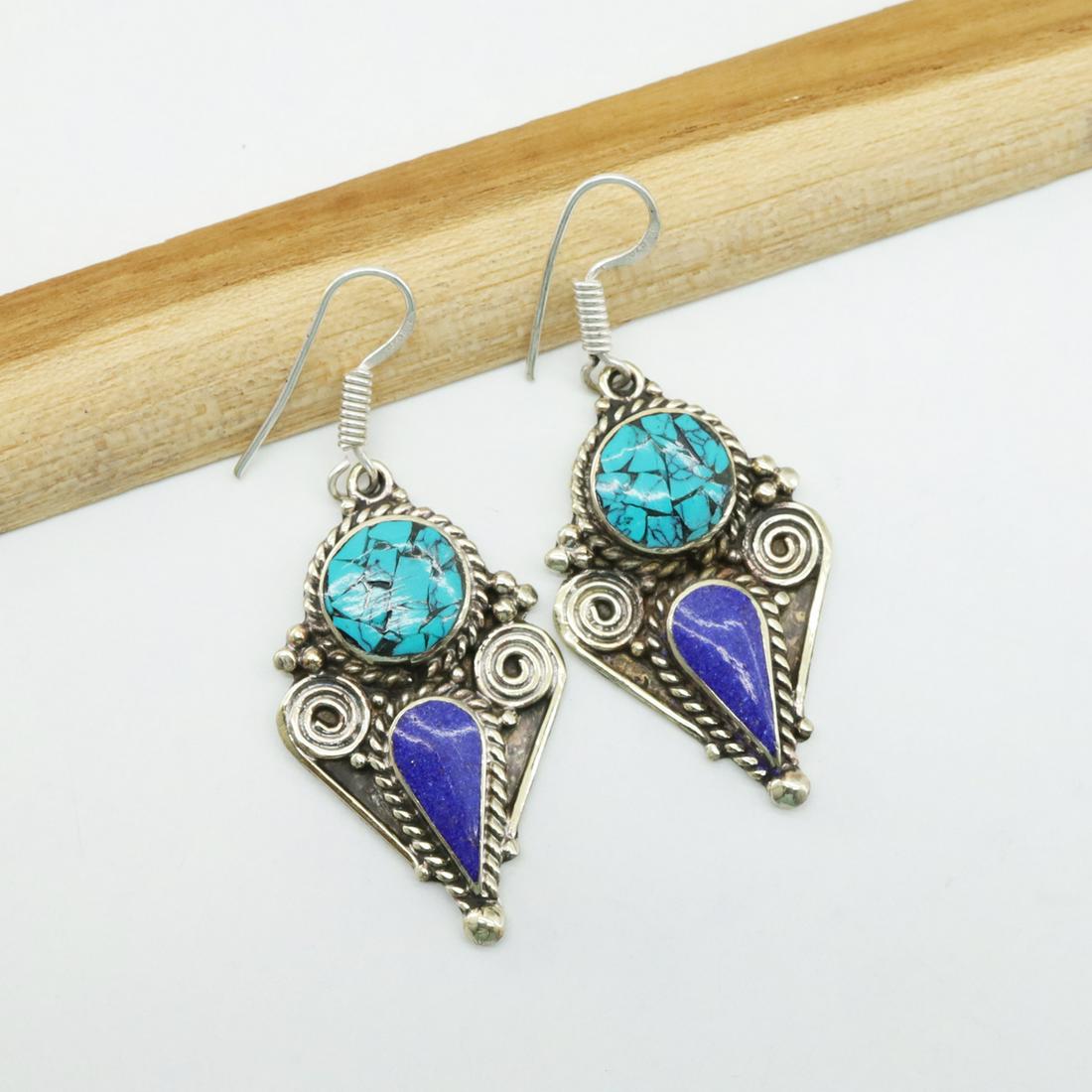 Natural Turquoise & Lapis Handmade Choker Earrings: Tibet Natural Stone Hand Made Turquoise, Coral & Lapis Earring......This elegant Earring was handcrafted in Tibet, the home of exquisite jewelry craftsmanship. It was skillfully made with large natura