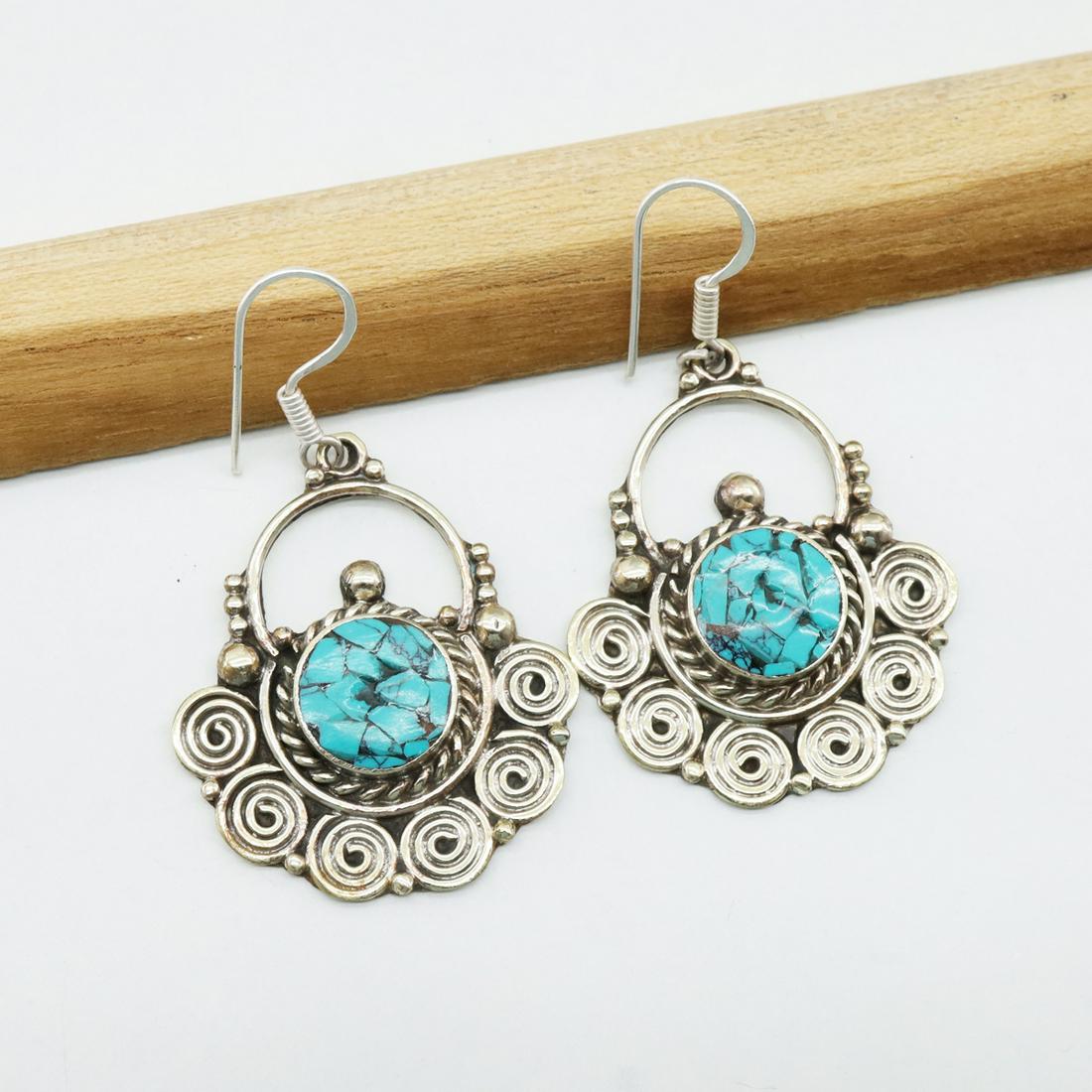 Natural Turquoise Handmade Choker Earrings: Tibet Natural Stone Hand Made Turquoise, Coral & Lapis Earring......This elegant Earring was handcrafted in Tibet, the home of exquisite jewelry craftsmanship. It was skillfully made with large natura