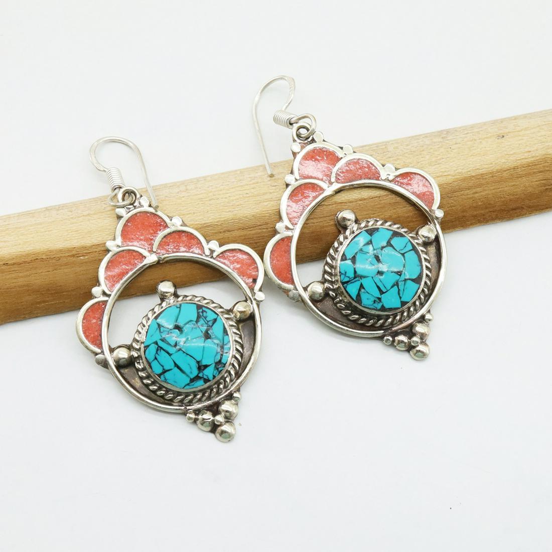 Natural Turquoise & Coral Handmade Choker Earrings: Tibet Natural Stone Hand Made Turquoise, Coral & Lapis Earring......This elegant Earring was handcrafted in Tibet, the home of exquisite jewelry craftsmanship. It was skillfully made with large natura