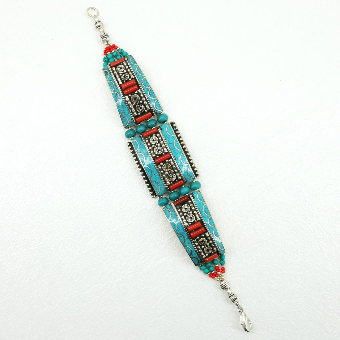 Ethnic Turquoise & Coral Choker Handmade Bracelet: TIBETAN TURQUOISE & CORAL HANDMADE BRACELETWeight: 30 Gram ApproxGemstones: Turquoise & Coral, LapisBrand: HandmadeBracelet Length: 6 to 7 InchCountry/Region of Manufacture: Kathmandu/Nepal