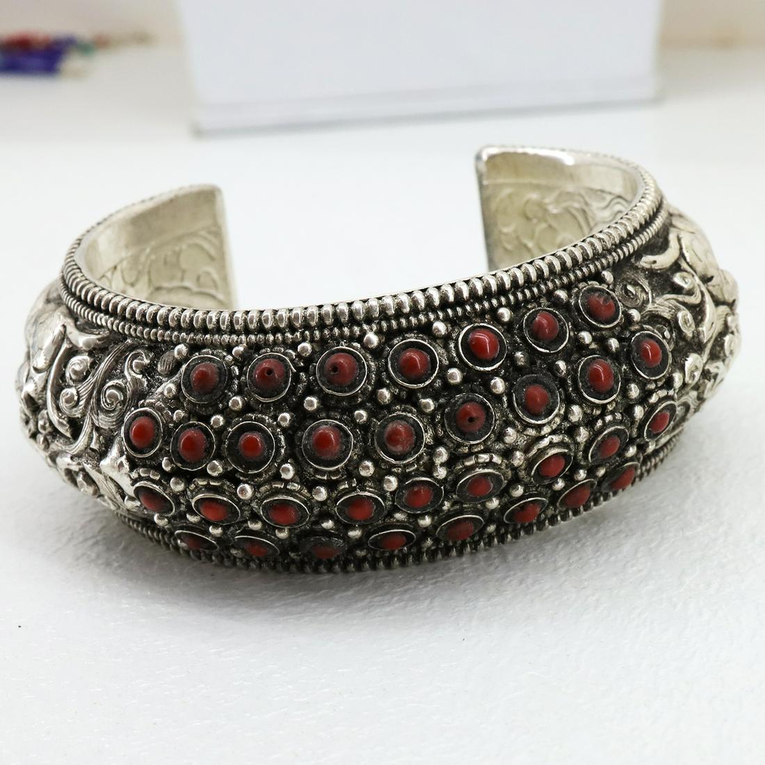 Hand-Carved Turquoise & Coral Handmade Old Bangle (1 of 5)