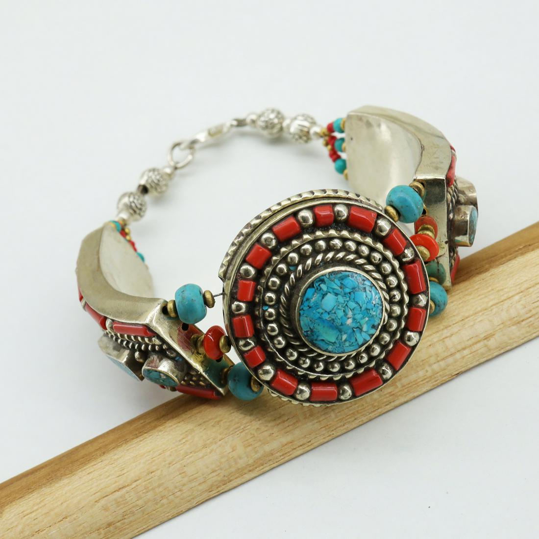 Ethnic Turquoise & Coral Handmade Choker Bracelet: TIBETAN TURQUOISE & CORAL HANDMADE BRACELETWeight: 30 Gram ApproxGemstones: Turquoise & Coral, LapisBrand: HandmadeBracelet Length: 6 to 7 InchCountry/Region of Manufacture: Kathmandu/Nepal