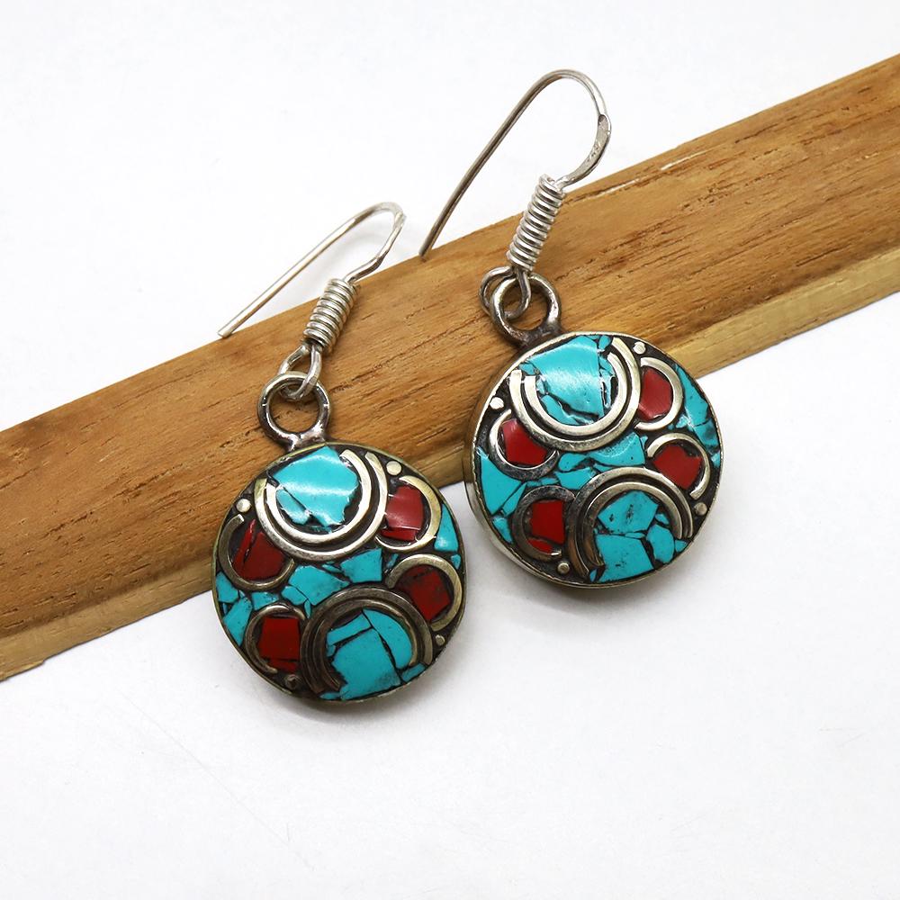 Tibetan Turquoise & Coral Handmade Chokar Earrings: Tibetan Handmade Ethnic EarringsMain Stone: LapisMetal: Tibetan SilverMaterial: StoneBrand: HandmadeStyle: BohemianEthnic Origin: TibetanCountry/Region of Manufacture: Nepal