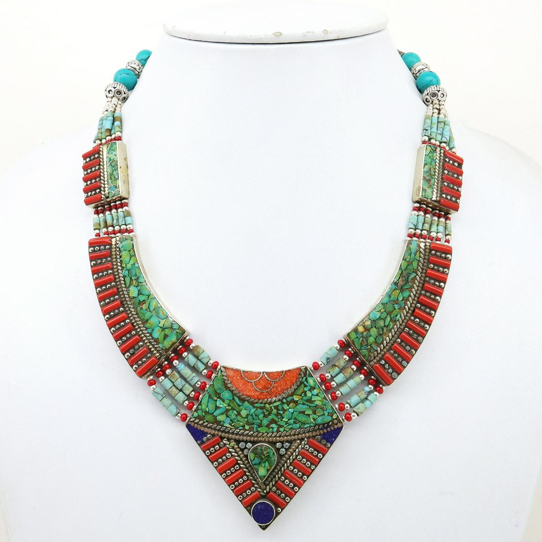 Tibetan Turquoise & Coral Handmade Chokar Necklace: Tibet Natural Stone Hand Made Turquoise, Coral & Lapis Necklace......This elegant Necklace was handcrafted in Tibet, the home of exquisite jewelry craftsmanship. It was skillfully made with large natu
