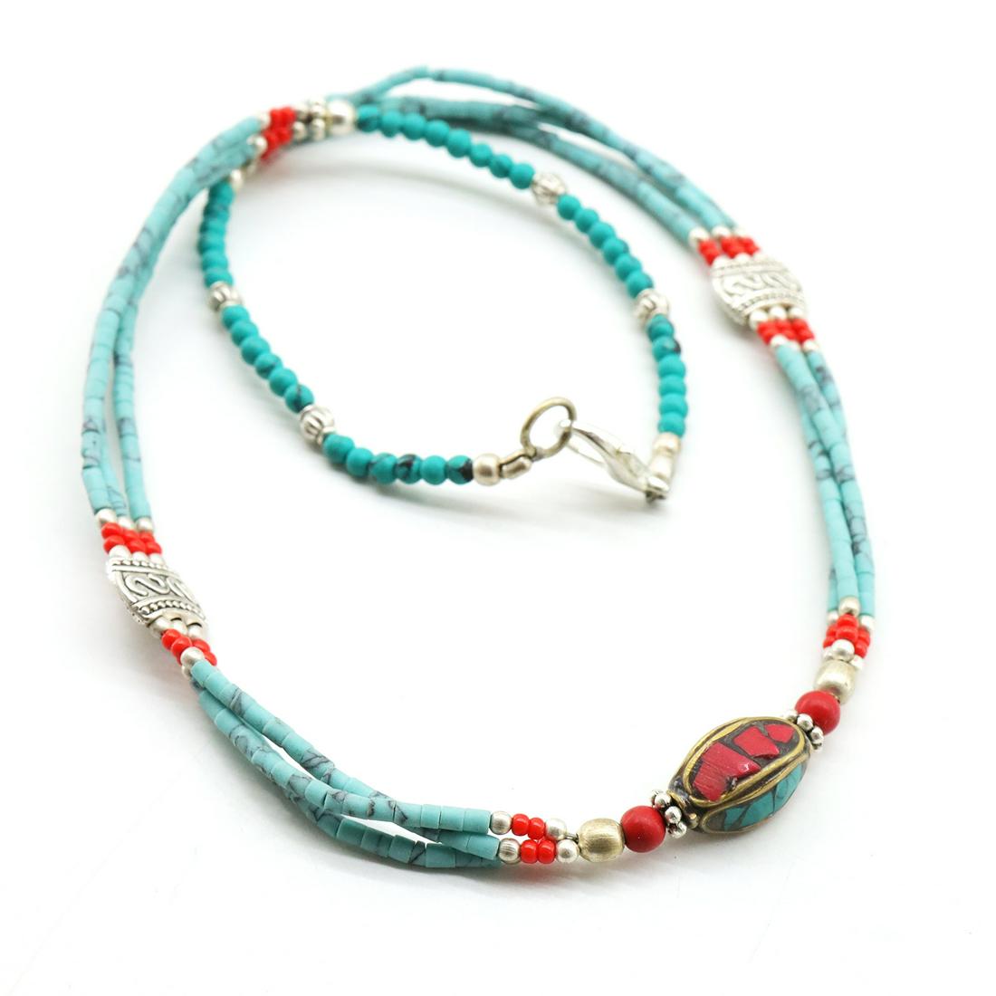 Tibetan Turquoise & Coral Beaded Necklace: Natural Turquoise & Coral Beaded NecklaceWeight: 40 Gram ApproxGemstones: Natural Turquoise & CoralBrand: HandmadeNecklace Length: 18” ApproxCountry/Region of Manufacture: Nepal