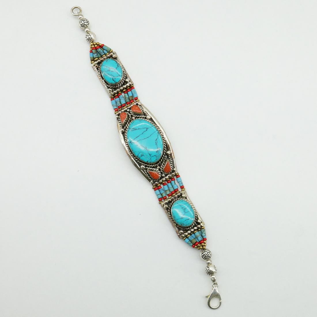 Ethnic Antique Choker Handmade Bracelet: Tibet Natural Stone Hand Made Turquoise, Coral & Lapis Bracelet......This elegant Bracelet was handcrafted in Tibet, the home of exquisite jewelry craftsmanship. It was skillfully made with large natu