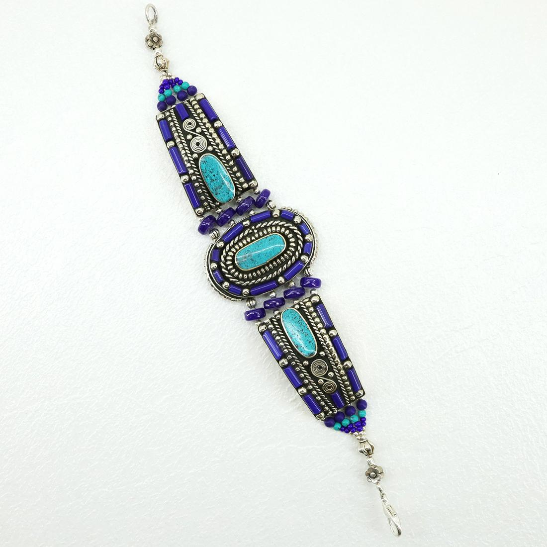 Gypsy Ethnic Antique Choker Handmade Bracelet: Tibet Natural Stone Hand Made Turquoise, Coral & Lapis Bracelet......This elegant Bracelet was handcrafted in Tibet, the home of exquisite jewelry craftsmanship. It was skillfully made with large natu