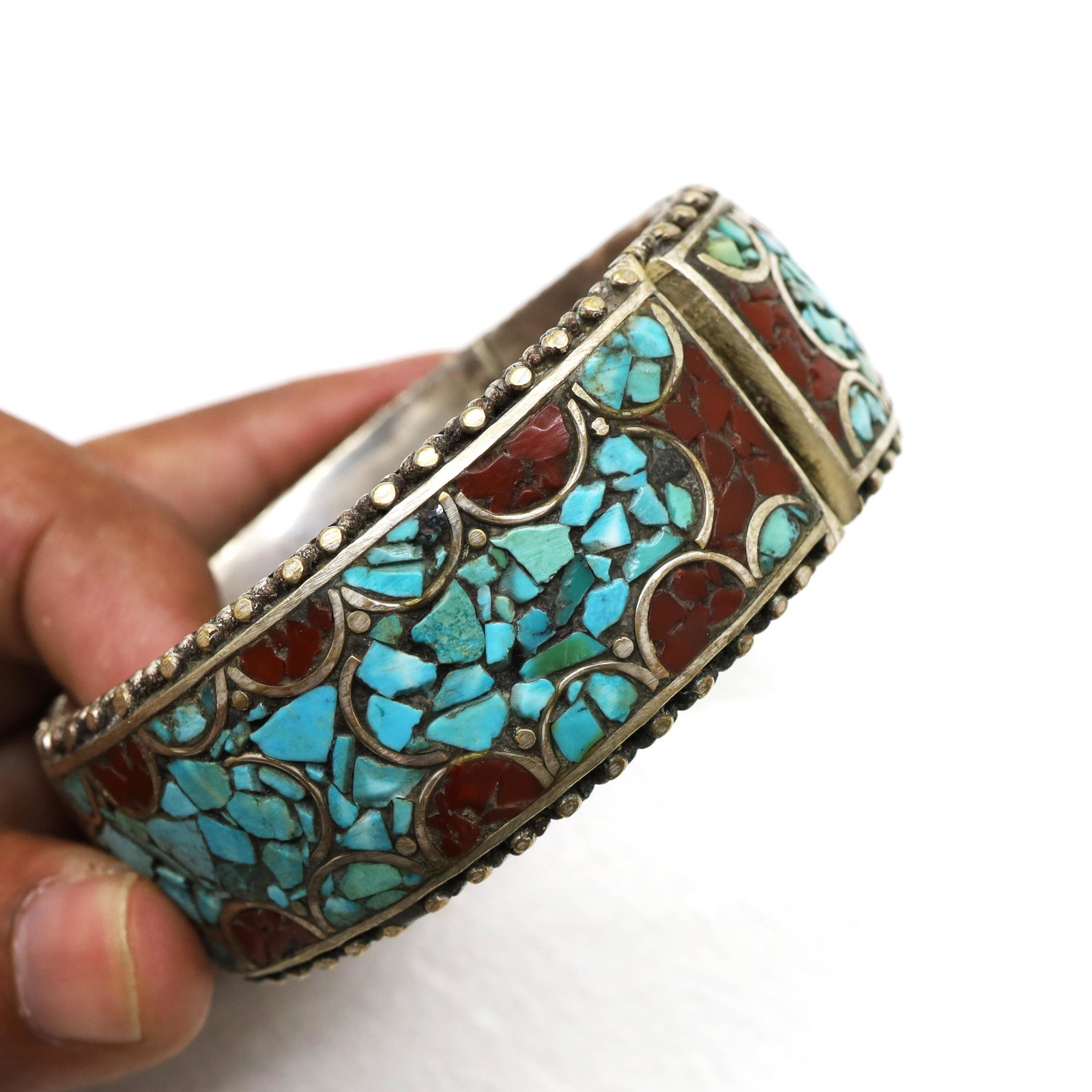 Tibetan Old Turquoise & Coral Ethnic Choker Bangle (1 of 7)