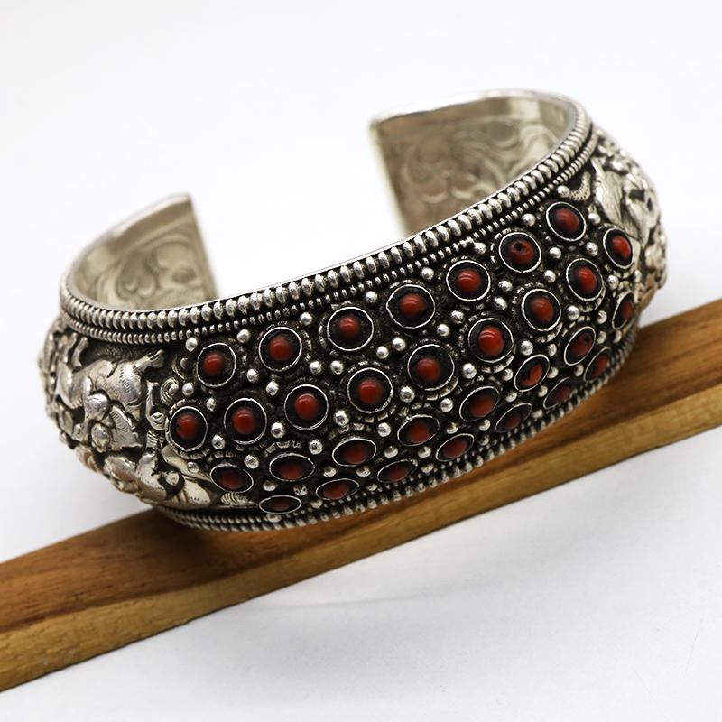 Tibetan Silver Hand-Carved with Coral Old Bangle (1 of 7)