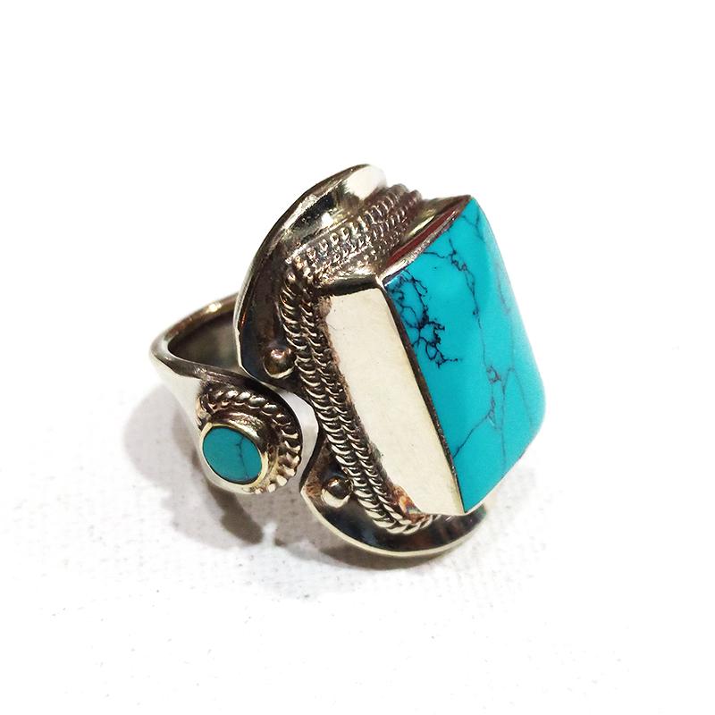 Tibetan Hand-Carved Antique Ethnic Ring - Free Size: Tibet Natural Stone Hand Made Turquoise, Coral & Amber Old Antique Ring......;This elegant large Ring was handcrafted in Tibet, the home of exquisite jewelry craftsmanship. It was skillfully made with