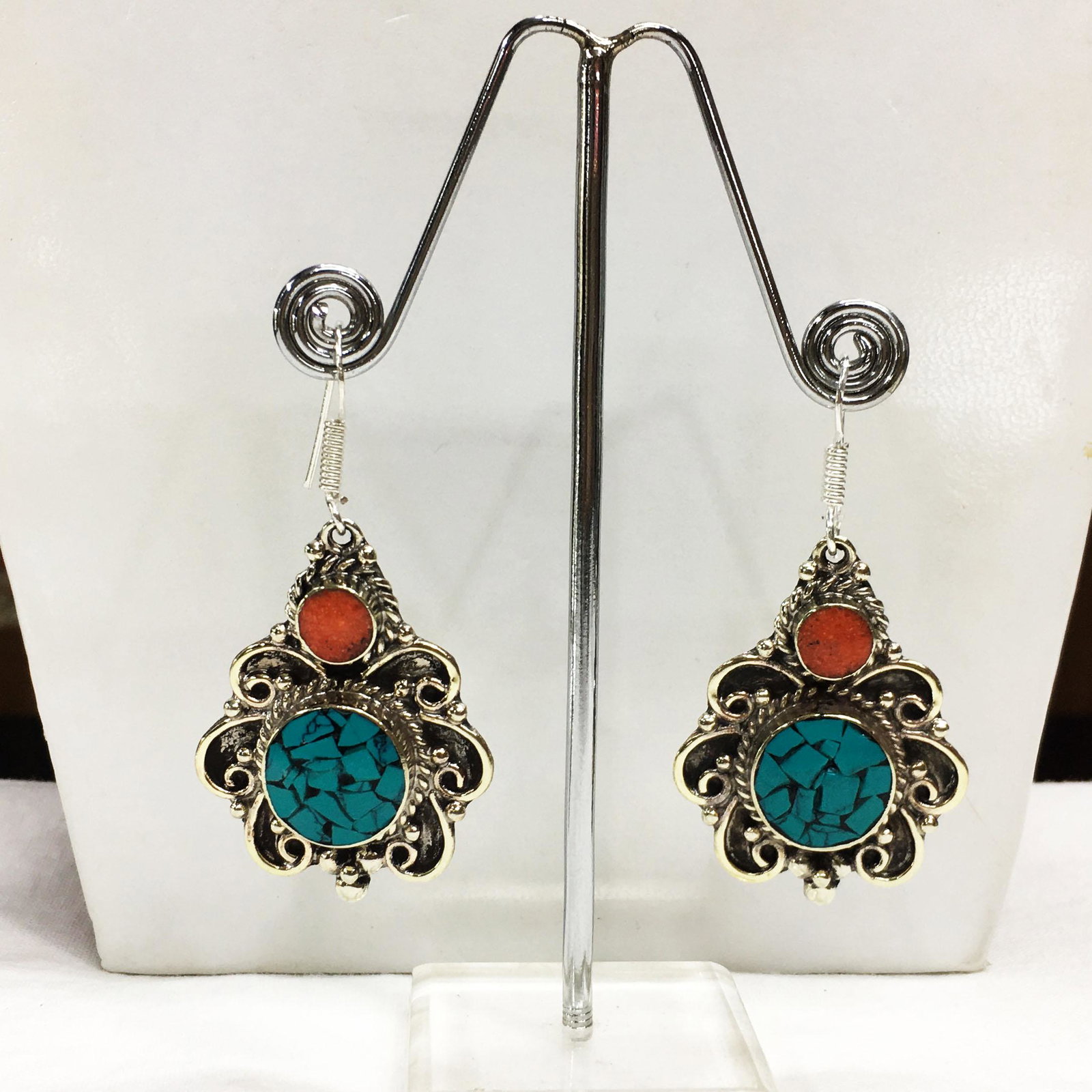 Tibetan Turquoise & Coral Handmade Choker Earrings: Tibetan Handmade Ethnic EarringsMain Stone: Turquoise & CoralMetal: Tibetan SilverMaterial: StoneBrand: HandmadeStyle: BohemianEthnic Origin: TibetanCountry/Region of Manufacture: Nepal