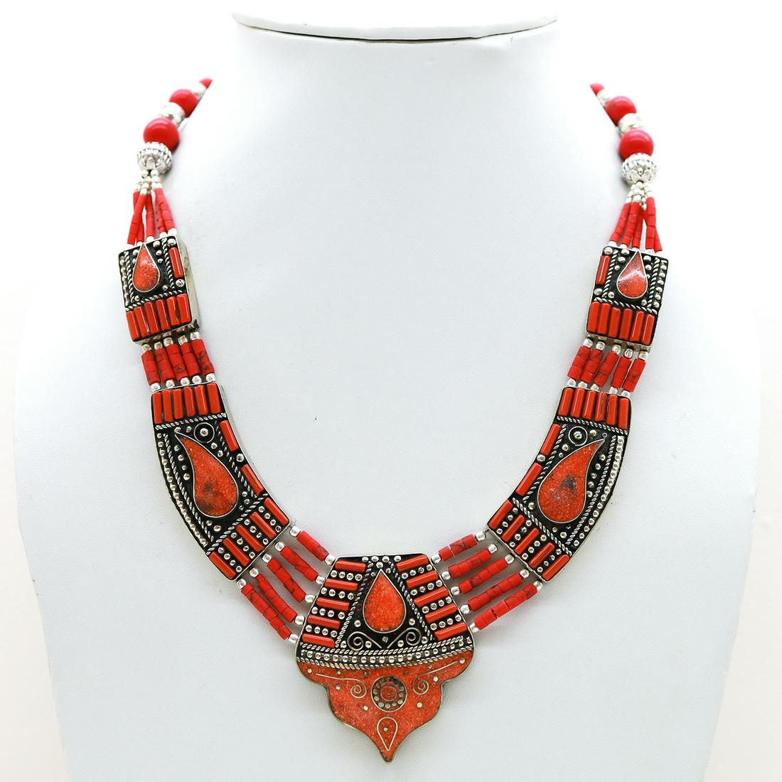Tibetan Coral Handmade Chokar Necklace: Tibet Natural Stone Hand Made Turquoise, Coral & Lapis Necklace......This elegant Necklace was handcrafted in Tibet, the home of exquisite jewelry craftsmanship. It was skillfully made with large natu