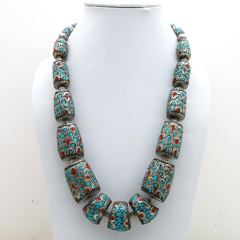 Rough Turquoise & Coral Tibetan Silver Necklace (1 of 4)
