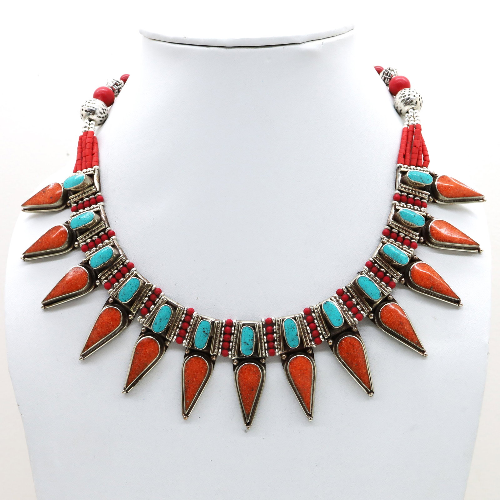 Natural Turquoise & Coral Handmade Choker Necklace: Tibet Natural Stone Hand Made Turquoise, Coral & Lapis Necklace......This elegant Necklace was handcrafted in Tibet, the home of exquisite jewelry craftsmanship. It was skillfully made with large natu