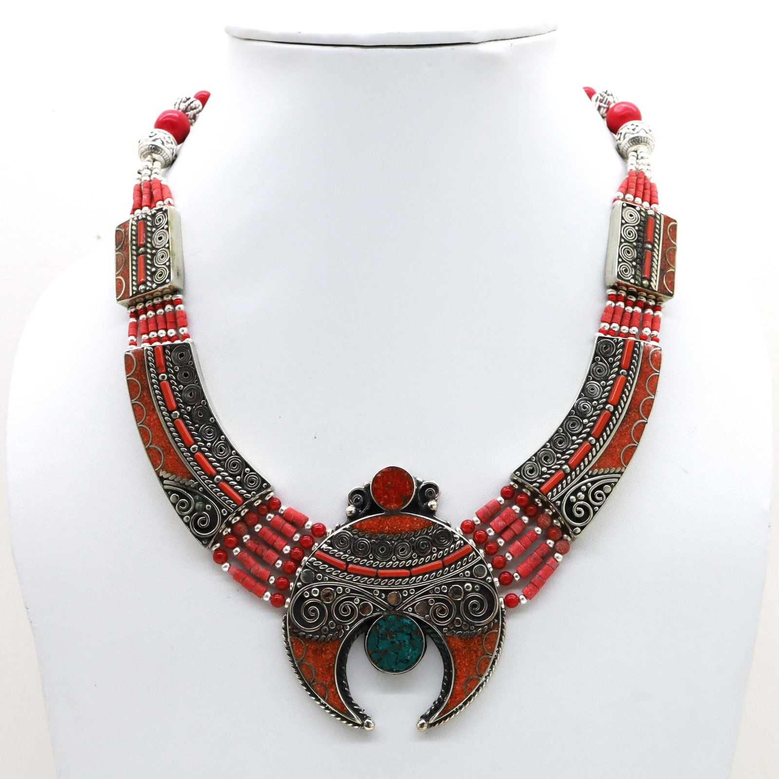 Tibetan Natural Coral Handmade Chokar Necklace: Tibet Natural Stone Hand Made Turquoise, Coral & Lapis Necklace......This elegant Necklace was handcrafted in Tibet, the home of exquisite jewelry craftsmanship. It was skillfully made with large natu