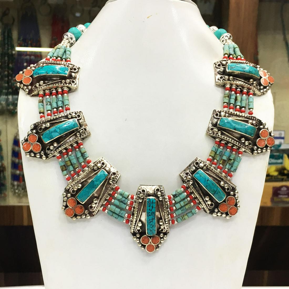 Women's Vintage Turquoise Tibetan Necklace: Tibet Natural Stone Hand Made Turquoise, Coral & Lapis Necklace......This elegant Necklace was handcrafted in Tibet, the home of exquisite jewelry craftsmanship. It was skillfully made with large natu