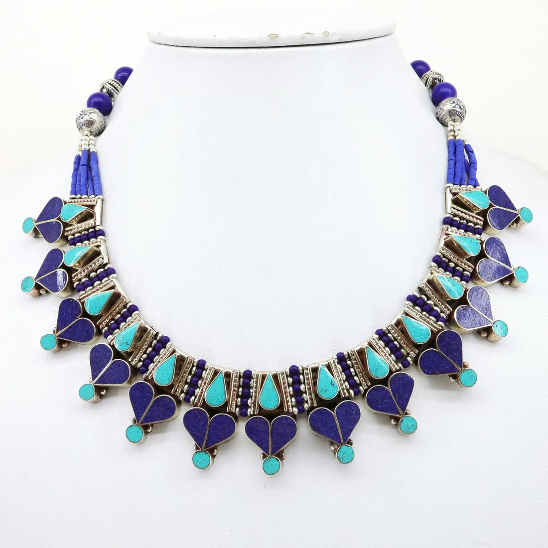 Vintage Artisan Vintage Handmade Choker Necklace: Tibet Natural Stone Hand Made Turquoise, Coral & Lapis Necklace......This elegant Necklace was handcrafted in Tibet, the home of exquisite jewelry craftsmanship. It was skillfully made with large natu