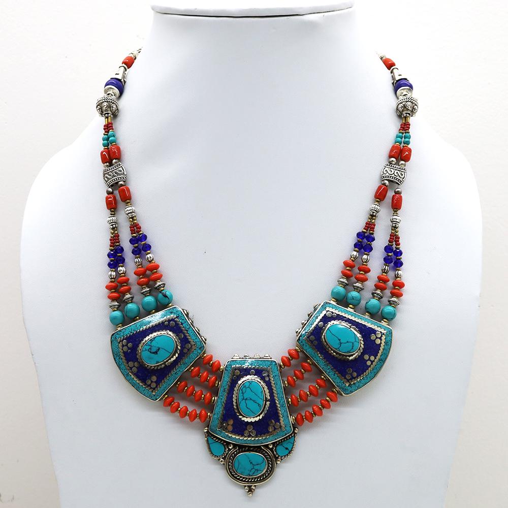 Women's Vintage Turquoise Tibetan Necklace: Tibet Natural Stone Hand Made Turquoise, Coral & Lapis Necklace......This elegant Necklace was handcrafted in Tibet, the home of exquisite jewelry craftsmanship. It was skillfully made with large natu