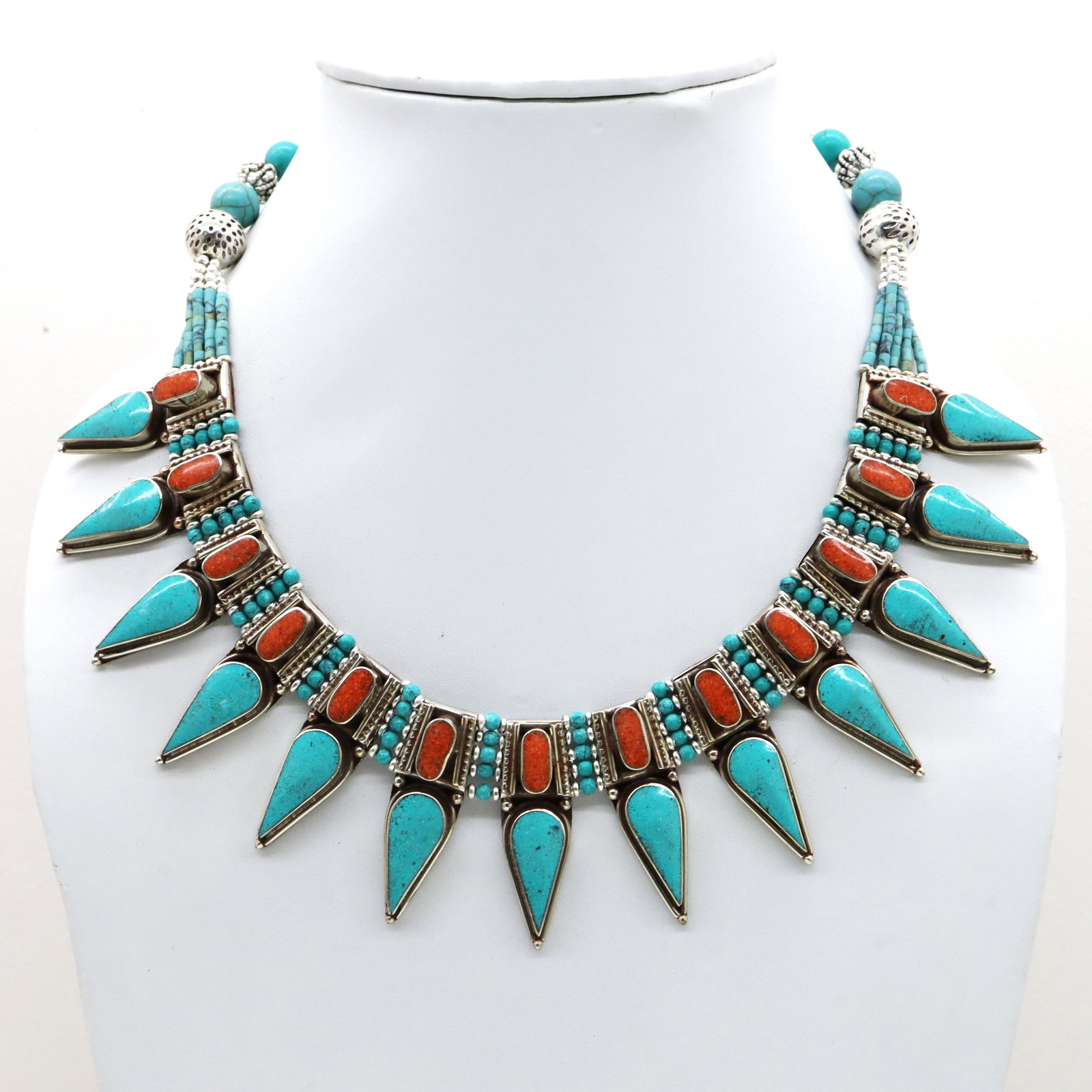 Turquoise & Coral Ethnic Chokar Handmade Necklace: Tibet Natural Stone Hand Made Turquoise, Coral & Lapis Necklace......This elegant Necklace was handcrafted in Tibet, the home of exquisite jewelry craftsmanship. It was skillfully made with large natu