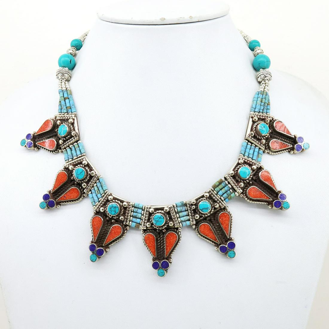 Turquoise & Coral Handmade Choker Boho Necklace: Tibet Natural Stone Hand Made Turquoise, Coral & Lapis Necklace......This elegant Necklace was handcrafted in Tibet, the home of exquisite jewelry craftsmanship. It was skillfully made with large natu