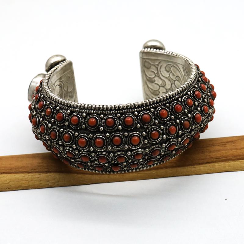 Tibetan Silver Hand-Carved Coral Old Bangle (1 of 5)