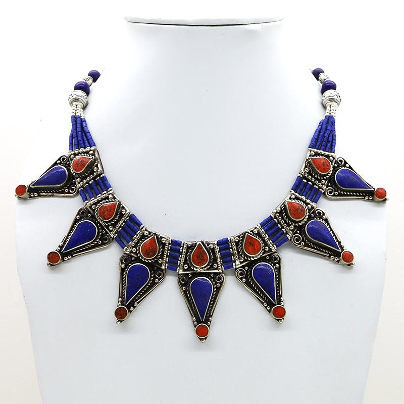 Tibetan Natural Lapis & Coral Chokar Necklace: Tibetan Handmade Ethnic NecklaceMain Stone: Turquoise, Coral & LapisMetal: Tibetan SilverSize(Inch): 18Material: StoneBrand: HandmadeStyle: BohemianEthnic Origin: TibetanCountry/Region of Manufacture: