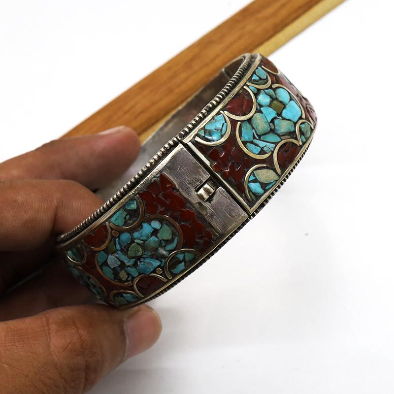 Tibetan Silver Hand-Carved Turquoise Old Bangle (1 of 6)