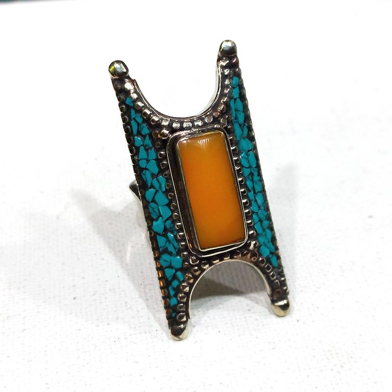 Tibetan Hand-Carved Antique Ethnic Ring - Free Size: Tibet Natural Stone Hand Made Turquoise, Coral & Amber Old Antique Ring......;This elegant large Ring was handcrafted in Tibet, the home of exquisite jewelry craftsmanship. It was skillfully made with
