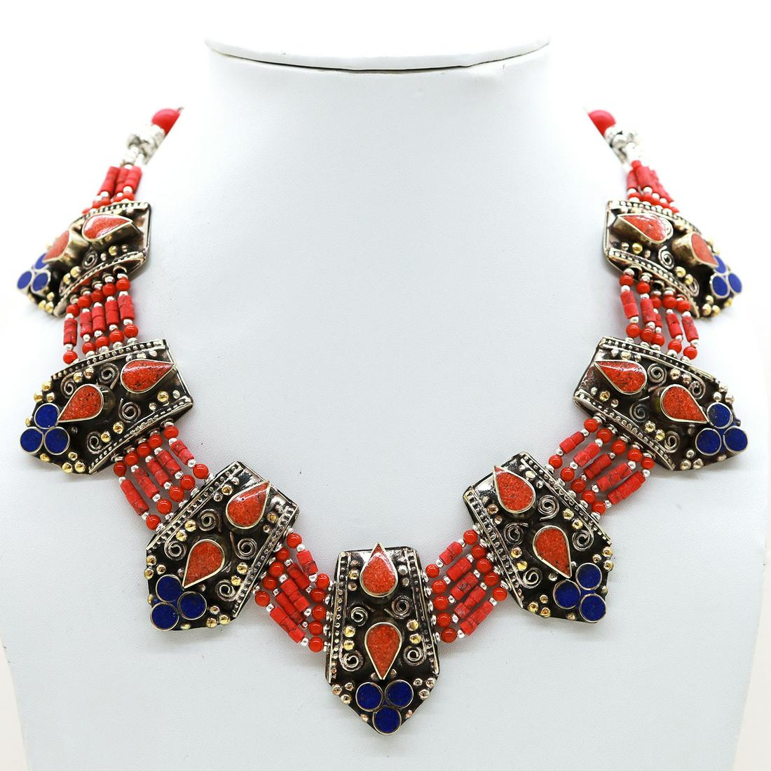 Antique Tibetan Coral Handmade Choker Necklace: Tibetan Handmade Ethnic NecklaceMain Stone: Turquoise, Coral & LapisMetal: Tibetan SilverSize(Inch): 18Material: StoneBrand: HandmadeStyle: BohemianEthnic Origin: TibetanCountry/Region of Manufacture: