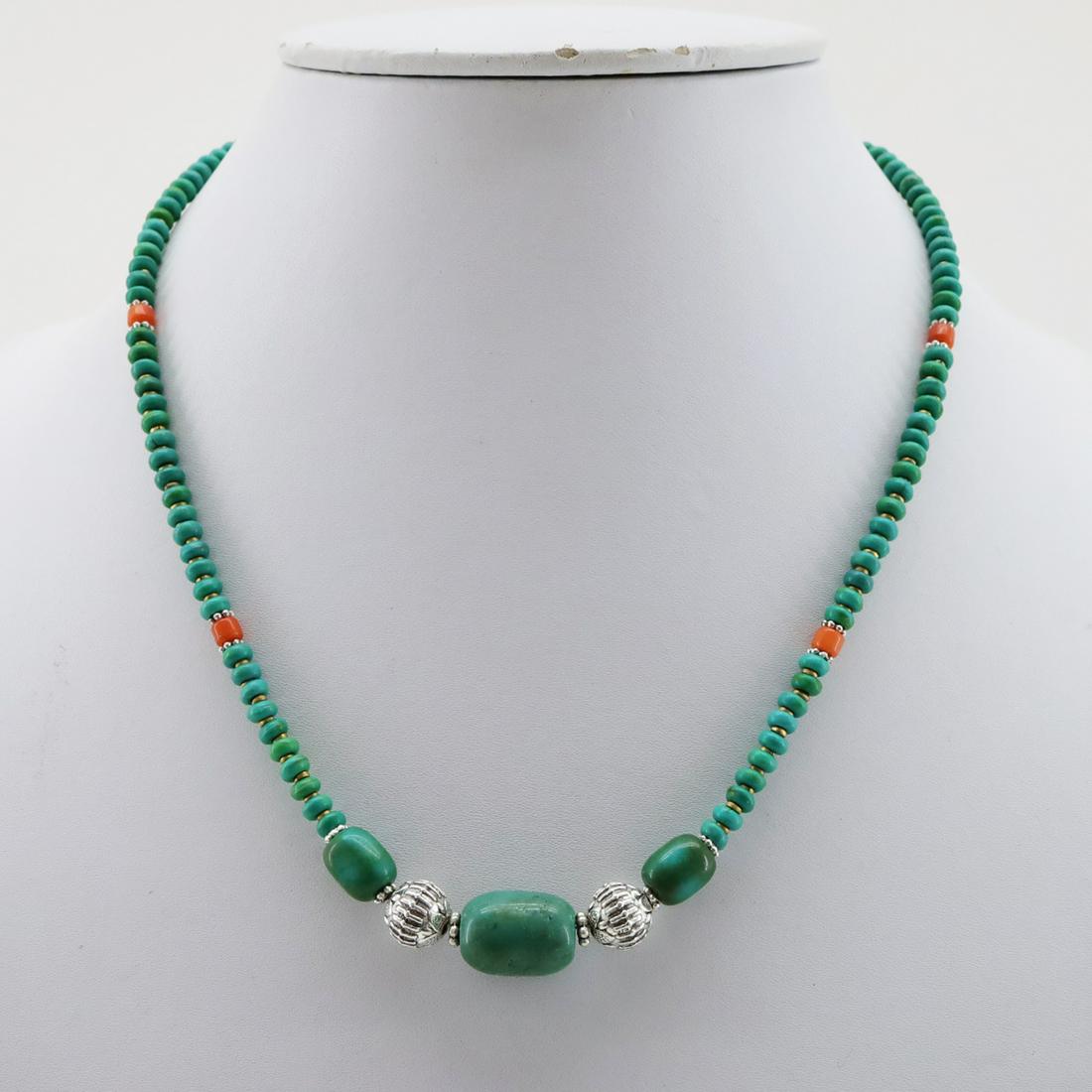 Natural Turquoise Beaded Necklace: Natural Turquoise Beaded NecklaceWeight: 40 Gram ApproxGemstones: Natural Turquoise & CoralBrand: HandmadeNecklace Length: 16” ApproxCountry/Region of Manufacture: Nepal