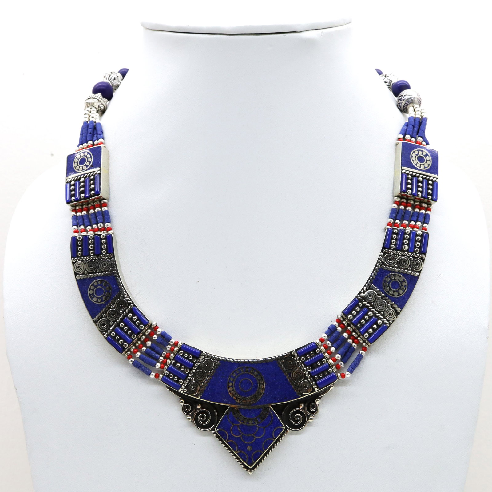 Women's Vintage Lapis Tibetan Necklace: Tibet Natural Stone Hand Made Turquoise, Coral & Lapis Necklace......This elegant Necklace was handcrafted in Tibet, the home of exquisite jewelry craftsmanship. It was skillfully made with large natu
