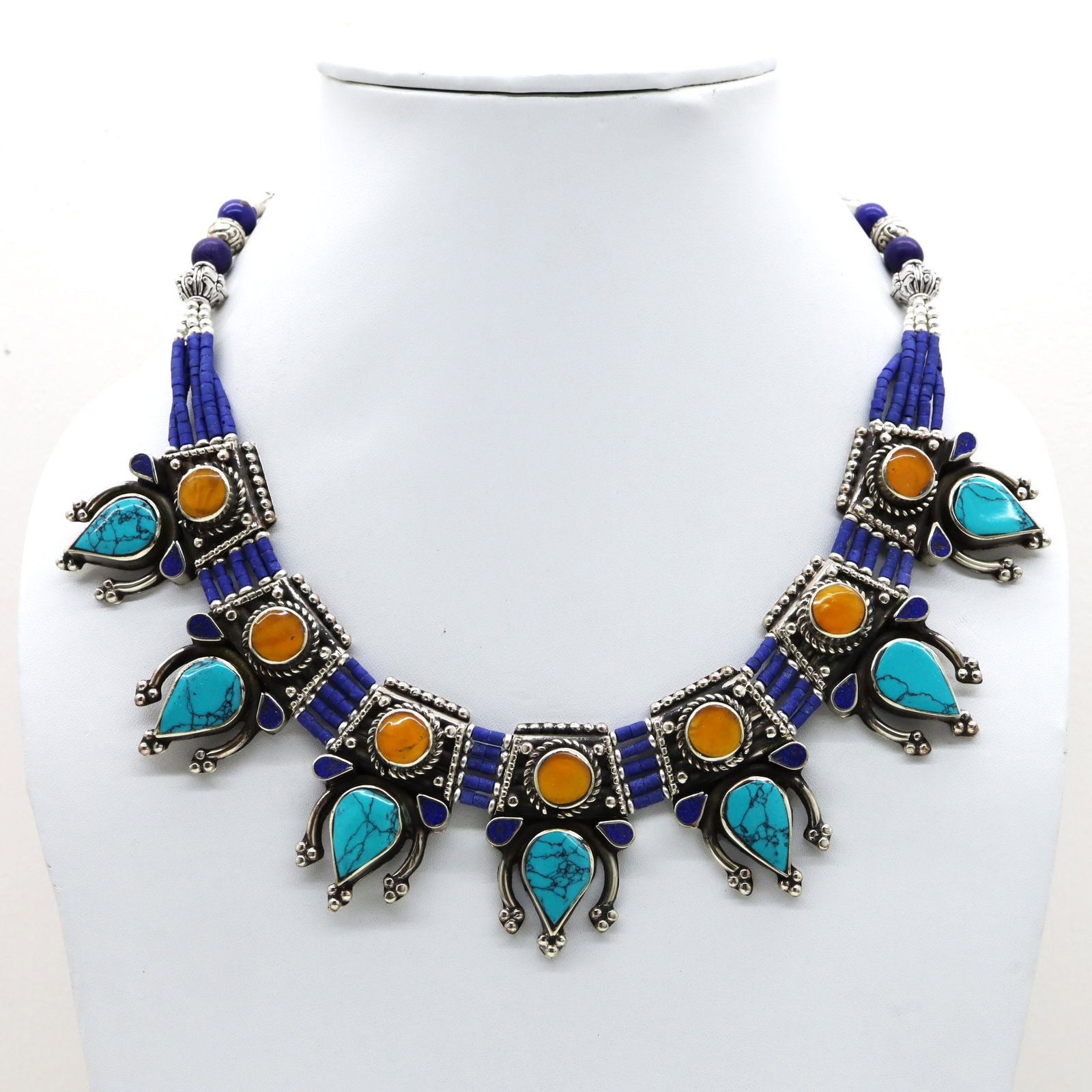 Tibetan Turquoise & Lapis Handmade Chokar Necklace: Tibet Natural Stone Hand Made Turquoise, Coral & Lapis Necklace......This elegant Necklace was handcrafted in Tibet, the home of exquisite jewelry craftsmanship. It was skillfully made with large natu