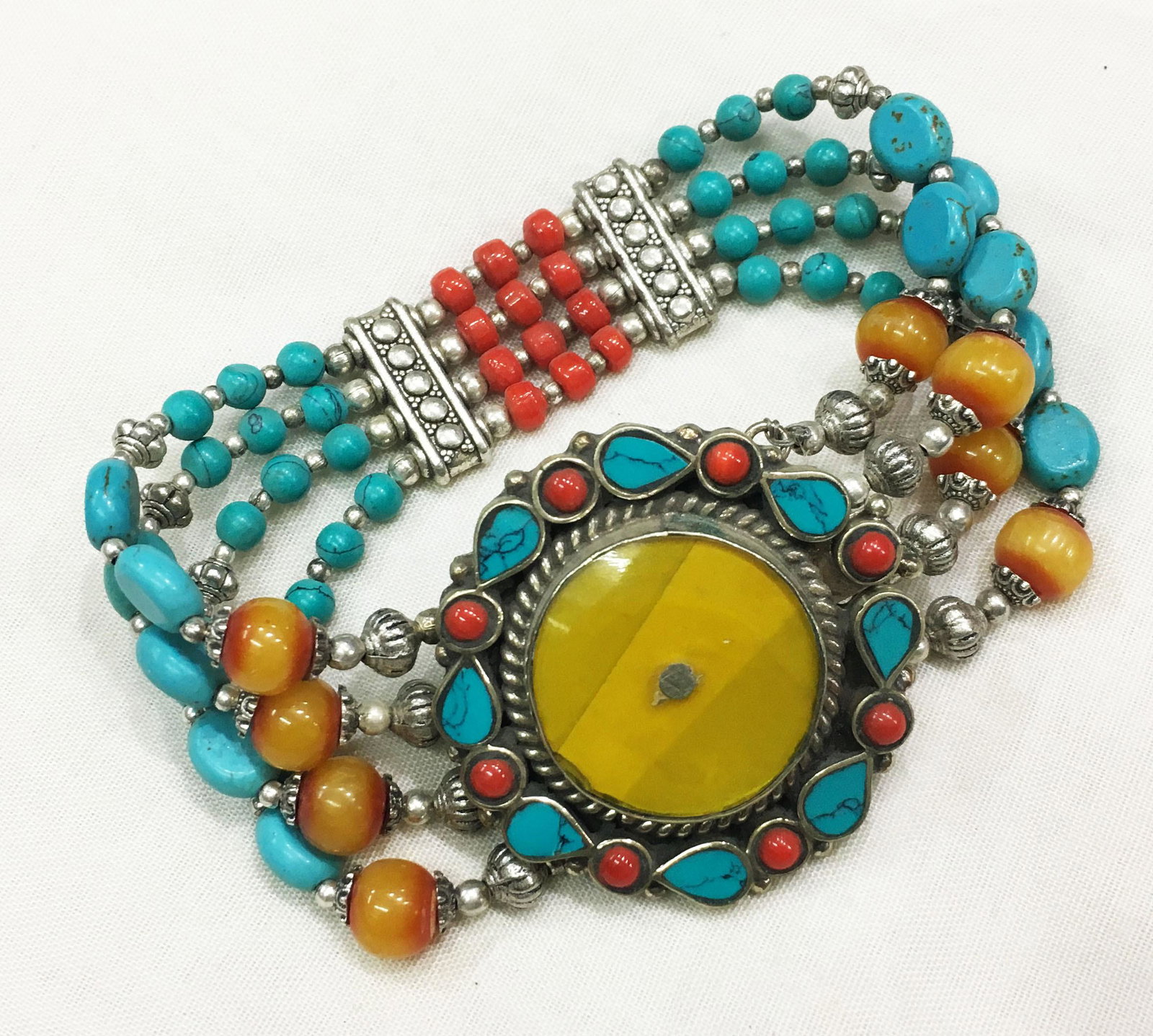 Gypsy Ethnic Antique Choker Handmade Bracelet: TIBETAN TURQUOISE & CORAL HANDMADE BRACELETWeight: 30 Gram ApproxGemstones: Turquoise & Coral, LapisBrand: HandmadeBracelet Length: 6 to 7 InchCountry/Region of Manufacture: Kathmandu/Nepal