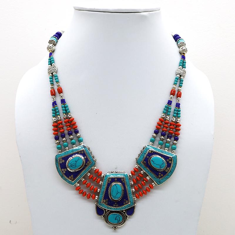 Antique Tibetan Coral Handmade Choker Necklace: Tibetan Handmade Ethnic NecklaceMain Stone: Turquoise, Coral & LapisMetal: Tibetan SilverSize(Inch): 18Material: StoneBrand: HandmadeStyle: BohemianEthnic Origin: TibetanCountry/Region of Manufacture: