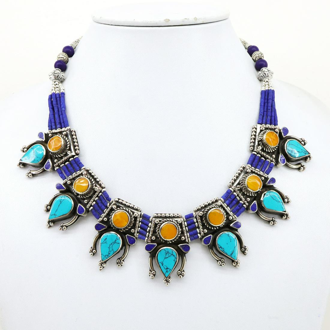 Tibetan Natural Turquoise & Lapis Chokar Necklace: Tibetan Handmade Ethnic NecklaceMain Stone: Turquoise, Coral & LapisMetal: Tibetan SilverSize(Inch): 18Material: StoneBrand: HandmadeStyle: BohemianEthnic Origin: TibetanCountry/Region of Manufacture: