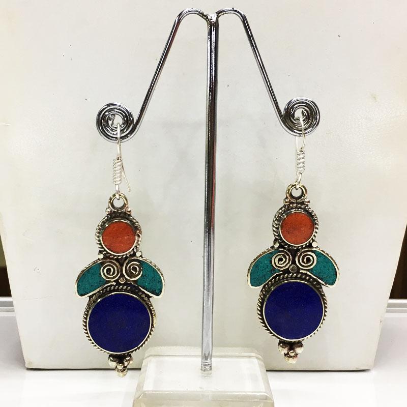 Tibetan Turquoise & Lapis Handmade Chokar Earrings: Tibetan Handmade Ethnic EarringsMain Stone: LapisMetal: Tibetan SilverMaterial: StoneBrand: HandmadeStyle: BohemianEthnic Origin: TibetanCountry/Region of Manufacture: Nepal