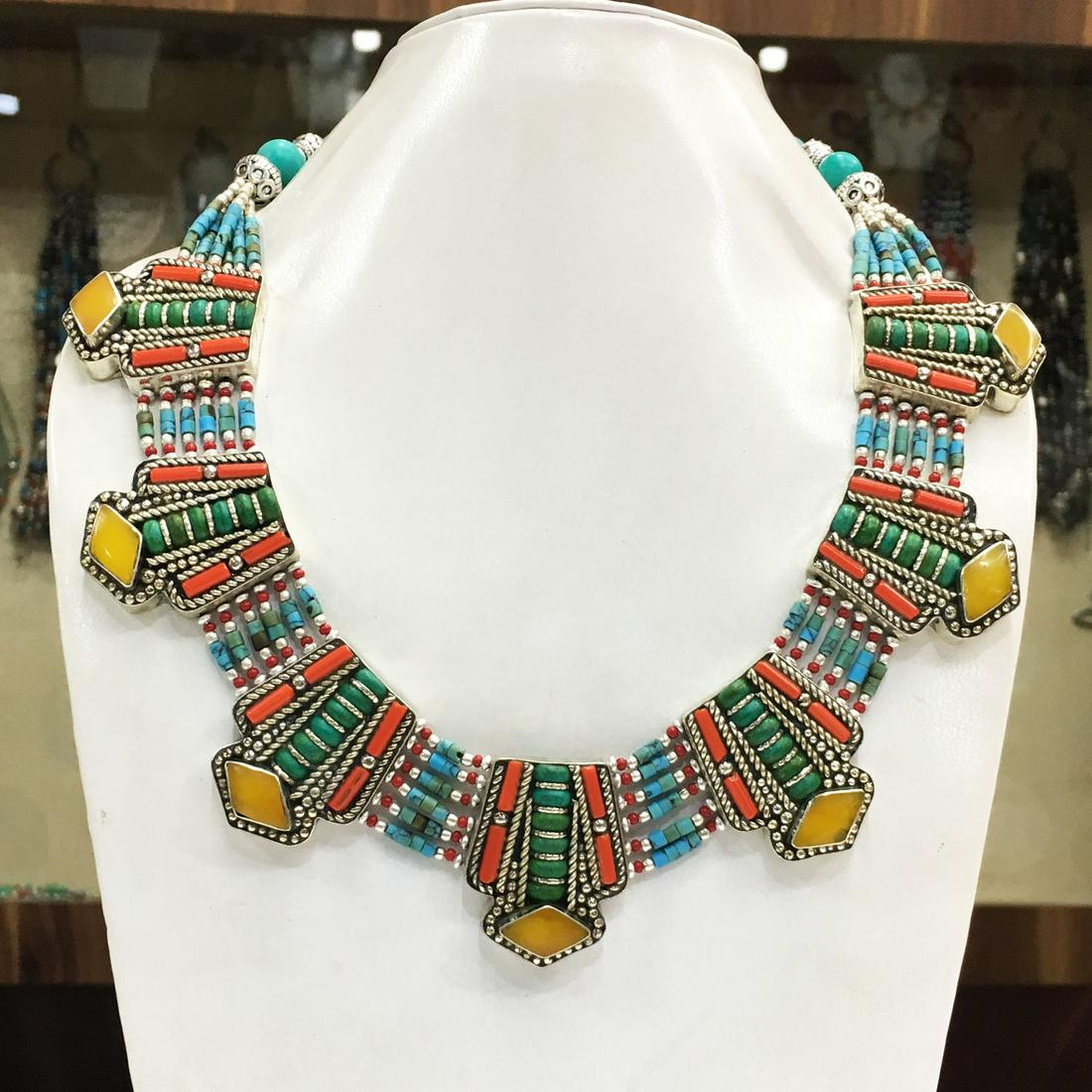 Tibetan Turquoise & Amber Ethnic Chokar Necklace (1 of 1)