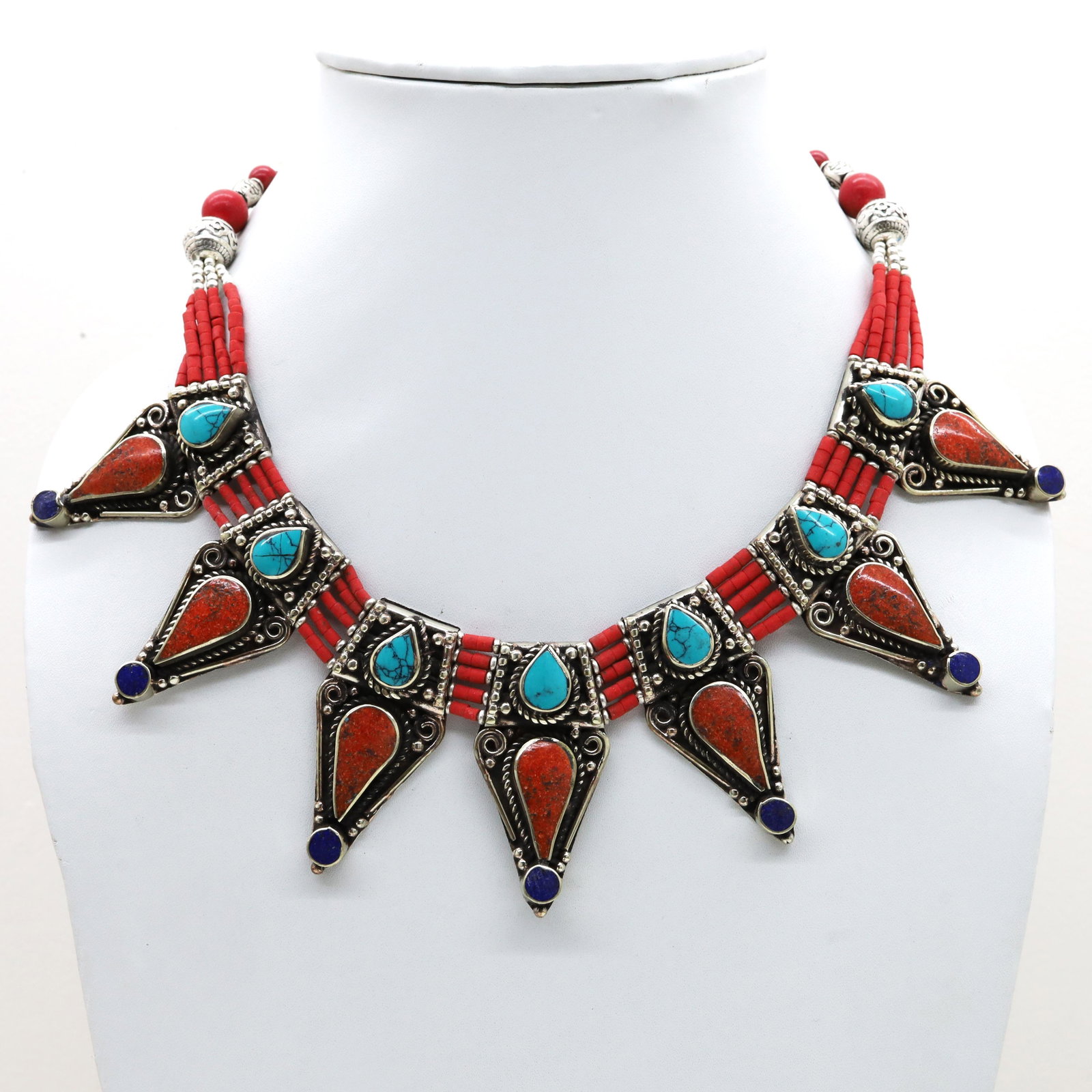 Women's Old Vintage Coral Tibetan Asian Necklace: Tibet Natural Stone Hand Made Turquoise, Coral & Lapis Necklace......This elegant Necklace was handcrafted in Tibet, the home of exquisite jewelry craftsmanship. It was skillfully made with large natu