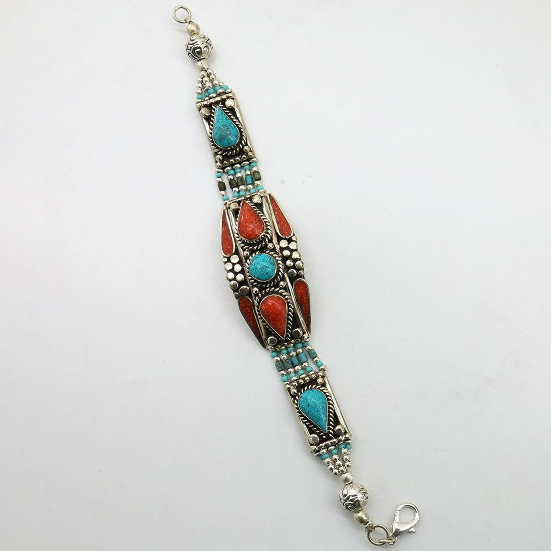 Gypsy Ethnic Turquoise Choker Handmade Bracelet: TIBETAN TURQUOISE & CORAL HANDMADE BRACELETWeight: 30 Gram ApproxGemstones: Turquoise & Coral, LapisBrand: HandmadeBracelet Length: 7 to 8 InchCountry/Region of Manufacture: Kathmandu/Nepal