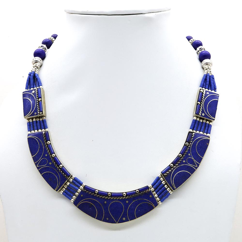 Vintage Artisan Lapis Handmade Choker Necklace: Tibet Natural Stone Hand Made Turquoise, Coral & Lapis Necklace......This elegant Necklace was handcrafted in Tibet, the home of exquisite jewelry craftsmanship. It was skillfully made with large natu