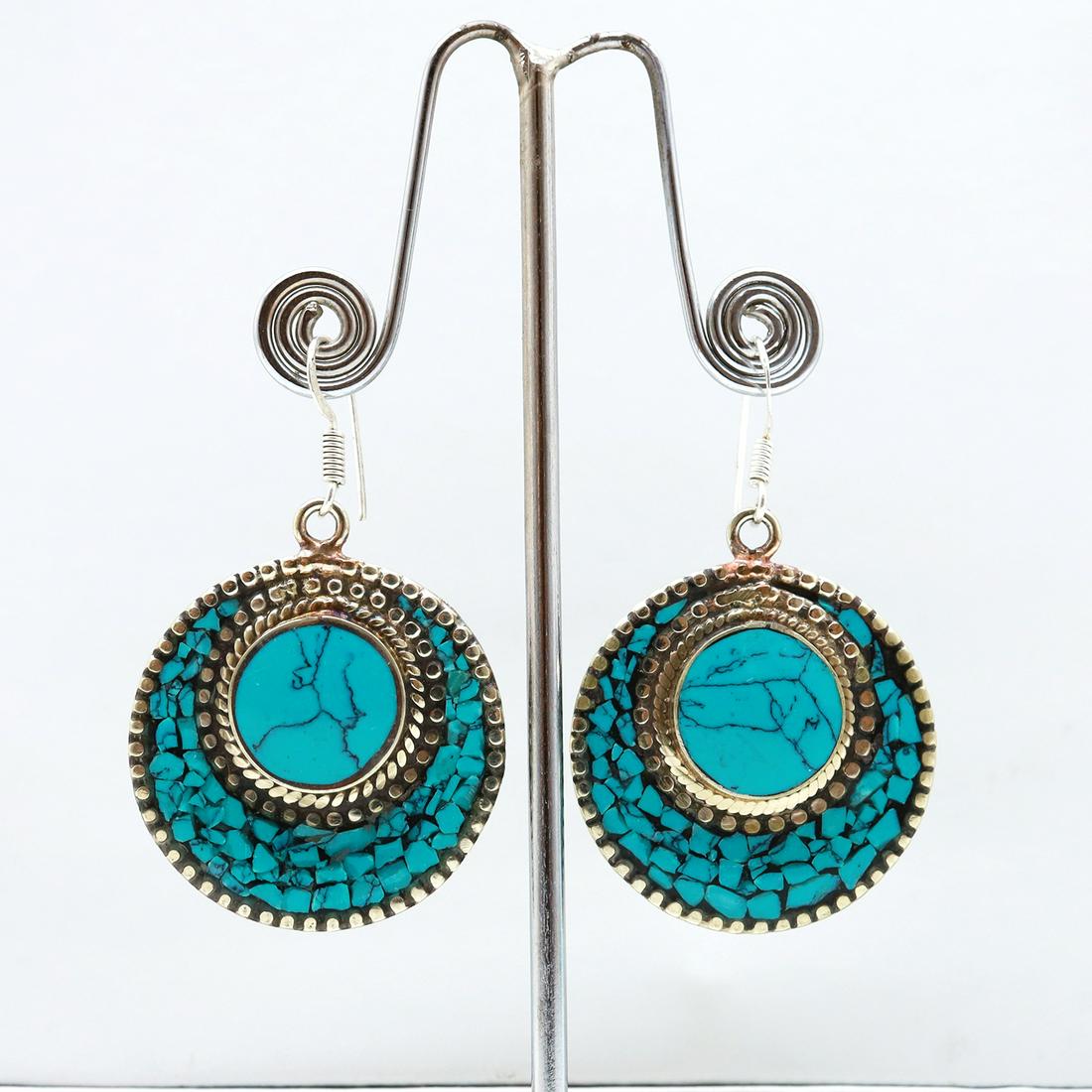 Tibetan Turquoise Ethnic Handmade Round Earrings: Tibetan Handmade Ethnic EarringsMain Stone: LapisMetal: Tibetan SilverMaterial: StoneBrand: HandmadeStyle: BohemianEthnic Origin: TibetanCountry/Region of Manufacture: Nepal