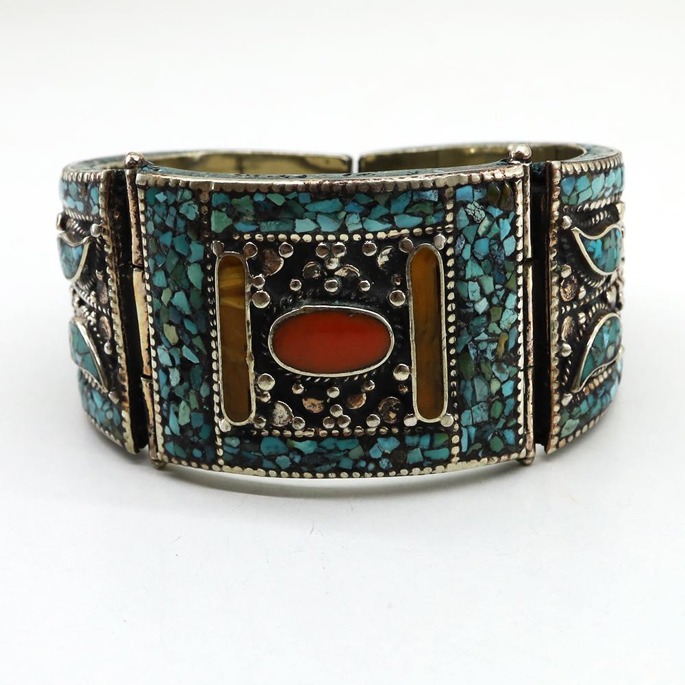 Amber-Coral-Lapis Tibetan Silver Old Bangle (1 of 5)