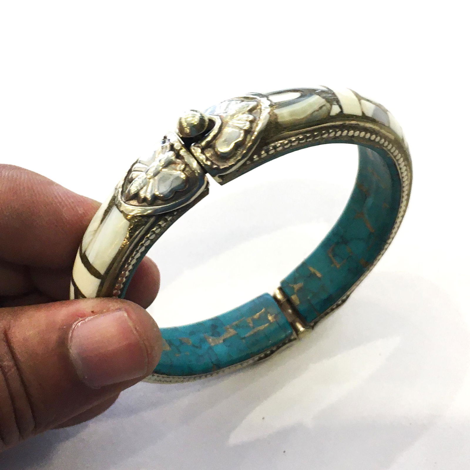 Tibetan White Turquoise Handmade Designer Bangle (1 of 6)