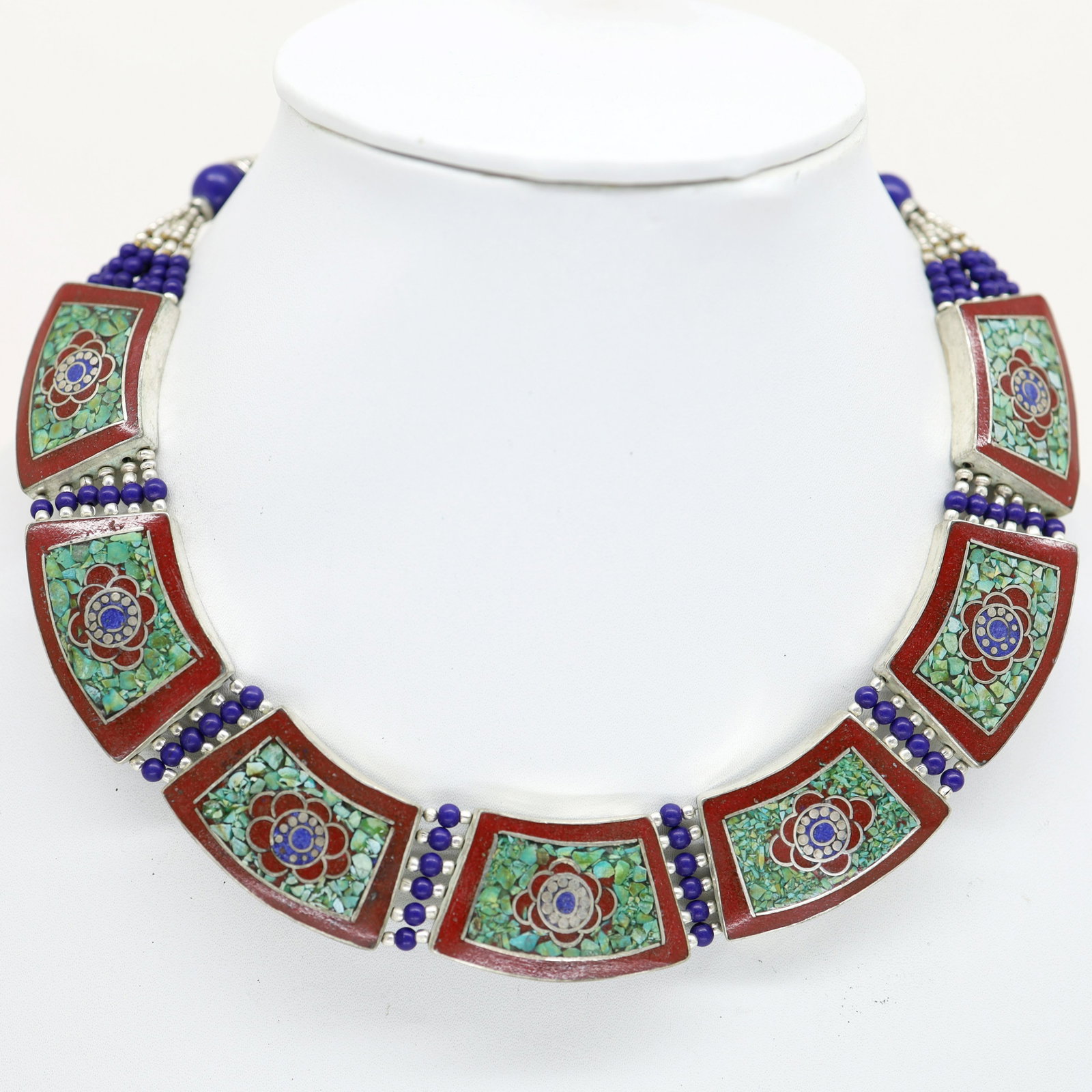 Tibetan Turquoise & Coral Handmade Choker Necklace: Tibet Natural Stone Hand Made Turquoise, Coral & Lapis Necklace......This elegant Necklace was handcrafted in Tibet, the home of exquisite jewellery craftsmanship. It was skilfully made with large nat
