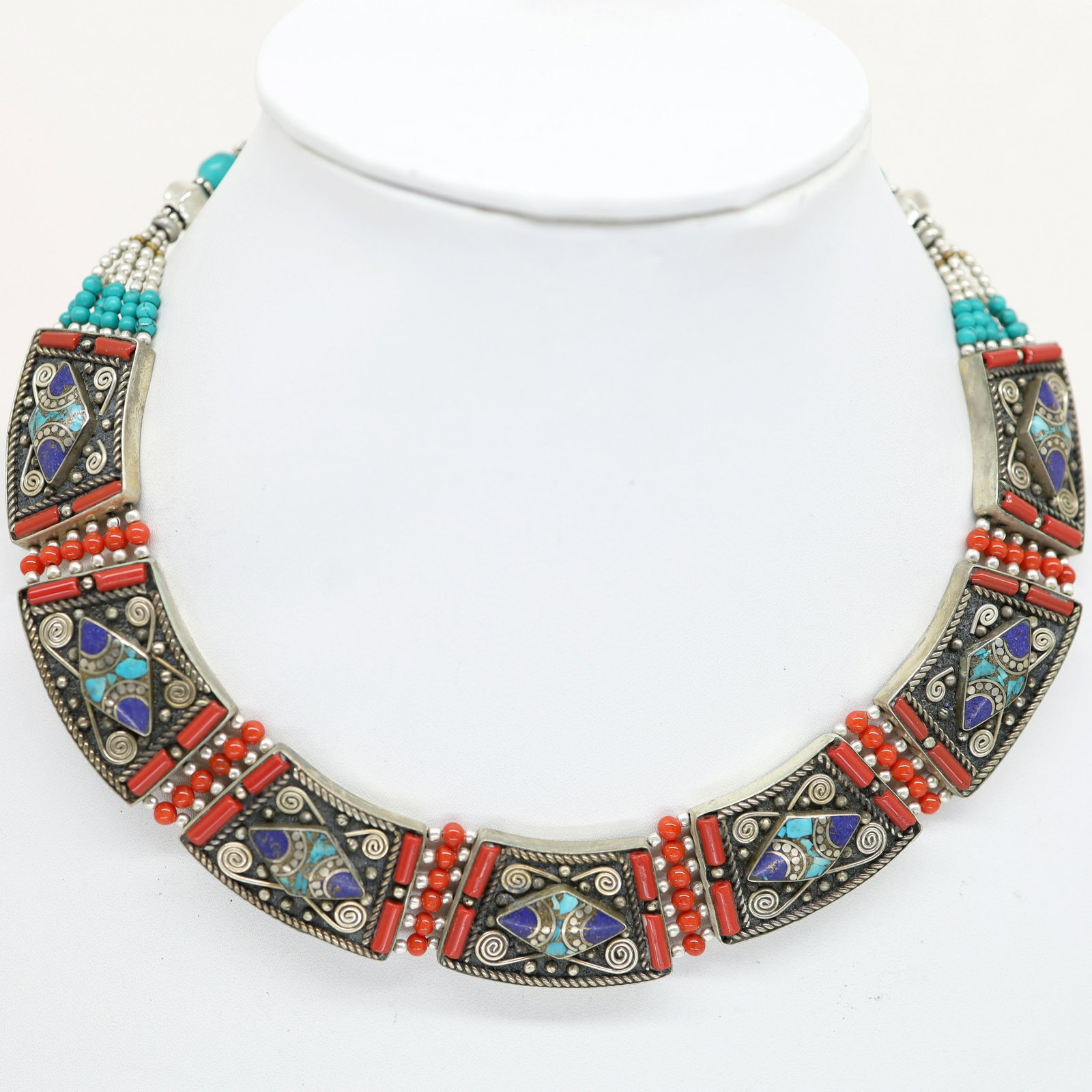 Tibetan Natural Coral Handmade Choker Boho Necklace: Tibet Natural Stone Hand Made Turquoise, Coral & Lapis Necklace......This elegant Necklace was handcrafted in Tibet, the home of exquisite jewellery craftsmanship. It was skilfully made with large nat